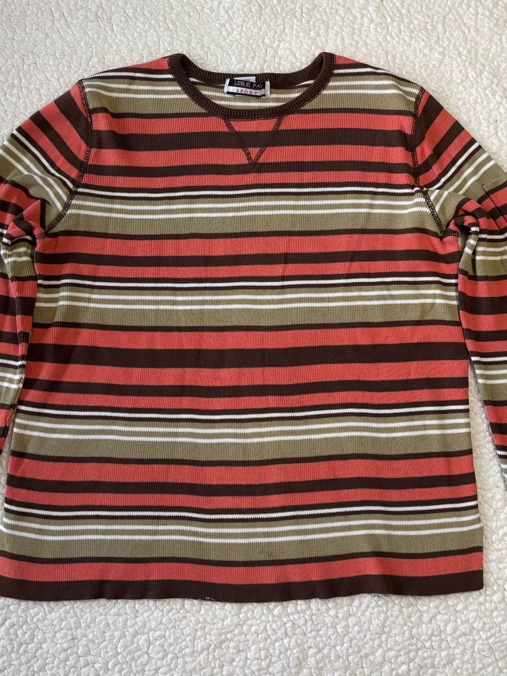 Vintage Lesley Fay Sport Horizontal Earthy Colors Striped Ribbed Knit Top Size M